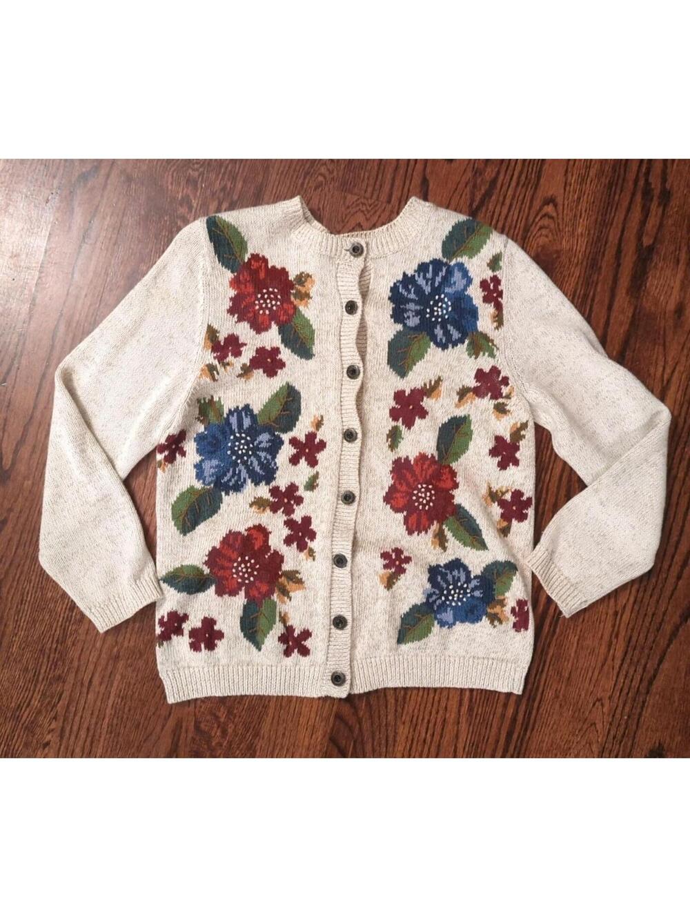 Grandma Cardigan M Petite Floral Sweater Large Flower Blue Oatmeal Alfred Dunner
